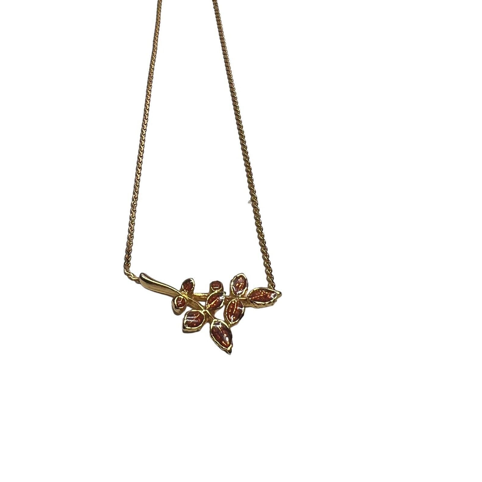 Vintage Art Signed Gold Tone Orange Enamel Branch Leaves Necklace 15 14 14$